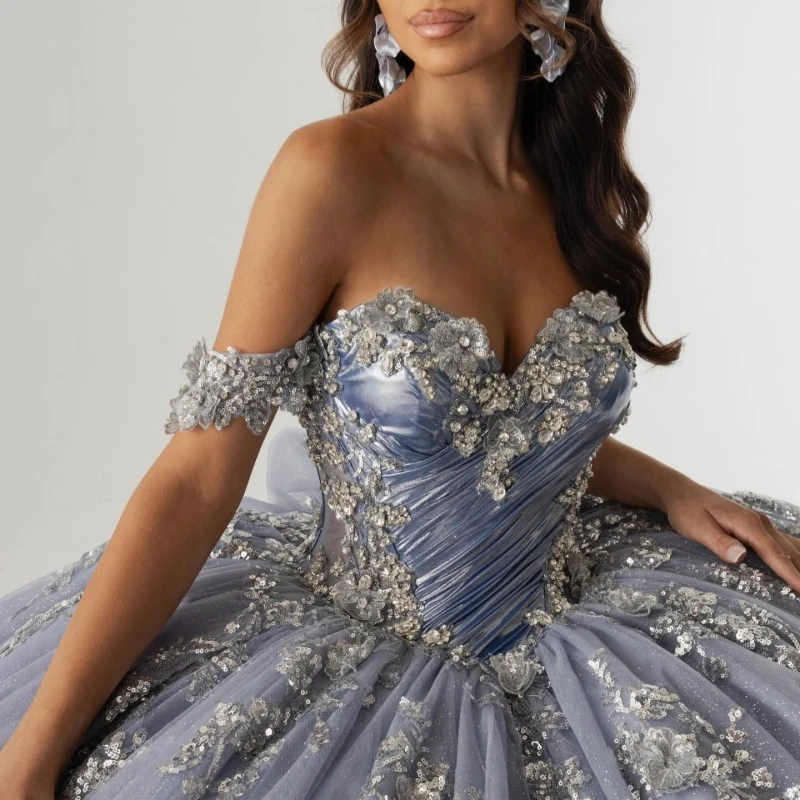 

Slate Blue Shiny Ball Gown Quinceanera Dresses Applique Flower Beading Crystal Bow Tull Corset Off Shoulder Sweet 16 Dress