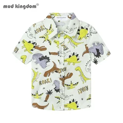 Mudkingdom Boys Hawaiian Shirt Dinosaur Floral Printing Short Sleeve Tops for Toddler Clothes Beach Holiday Button Down T-shirts