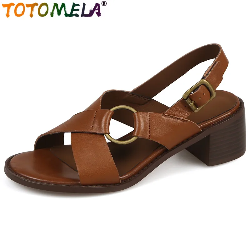 

TOTOMELA New Back Strap Genuine Leather Sandals Woman Buckle Square Med Heels Sandals Retro Slingbacks Summer Shoes