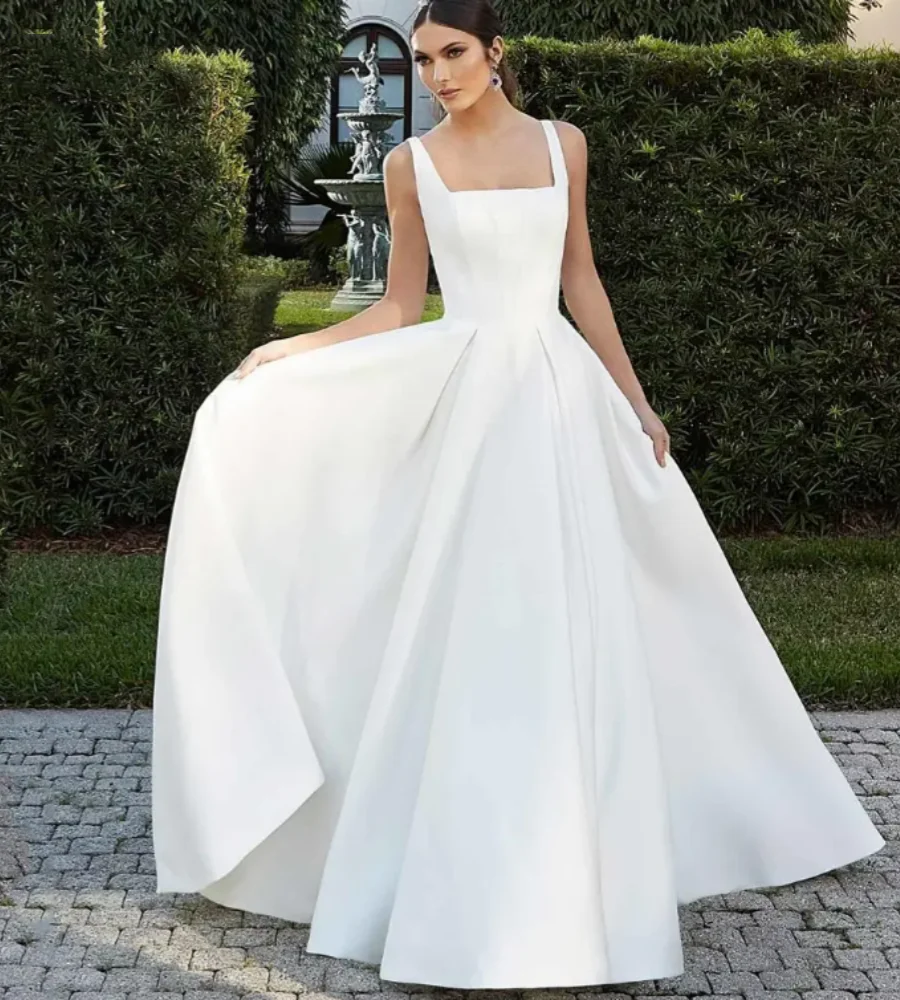 

A-Line Bridal Gowns For Women Custom Made Robe De Mariéé Square Collar Satin Wedding Dresses Elegant Backless Sleeveless