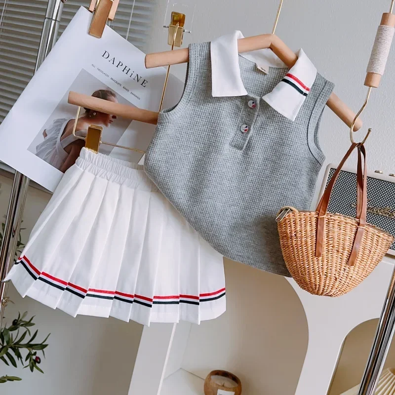 Girls Suits Summer Sleeveless Polo Shirt+Pleated Skirt Preppy Style Children Striped Clothes Two Piece Set Kids Casual Clothing