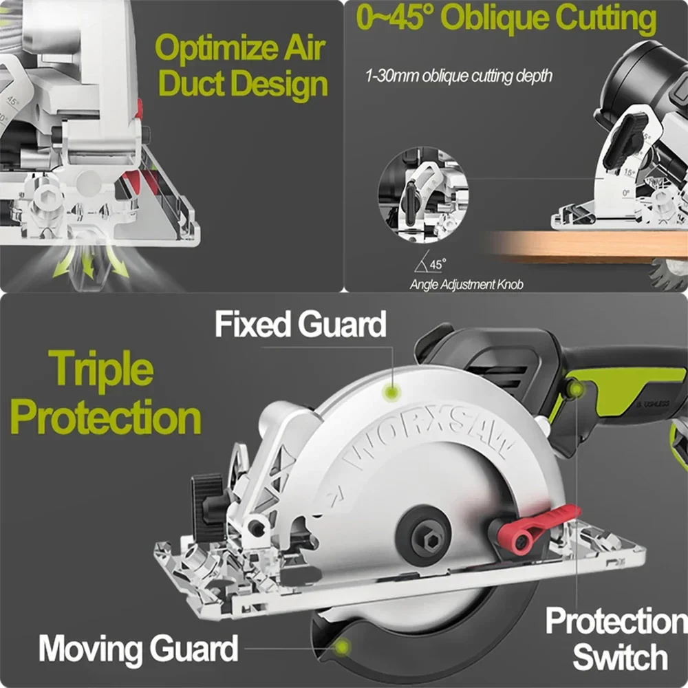 Worx WU535 Wiredless Circular Saw Rechargeable Brushless 6900rpm 140x20mm Depth51/35mm 45/90Degree Universal 20v Green Battery