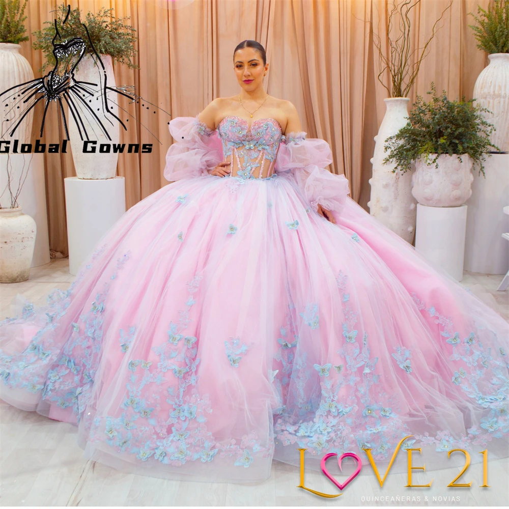 

Mexico Pink Sweetheart Ball Gown Quinceanera Dress For Girls Beaded Appliques Birthday Party Gowns Prom Sweet 16