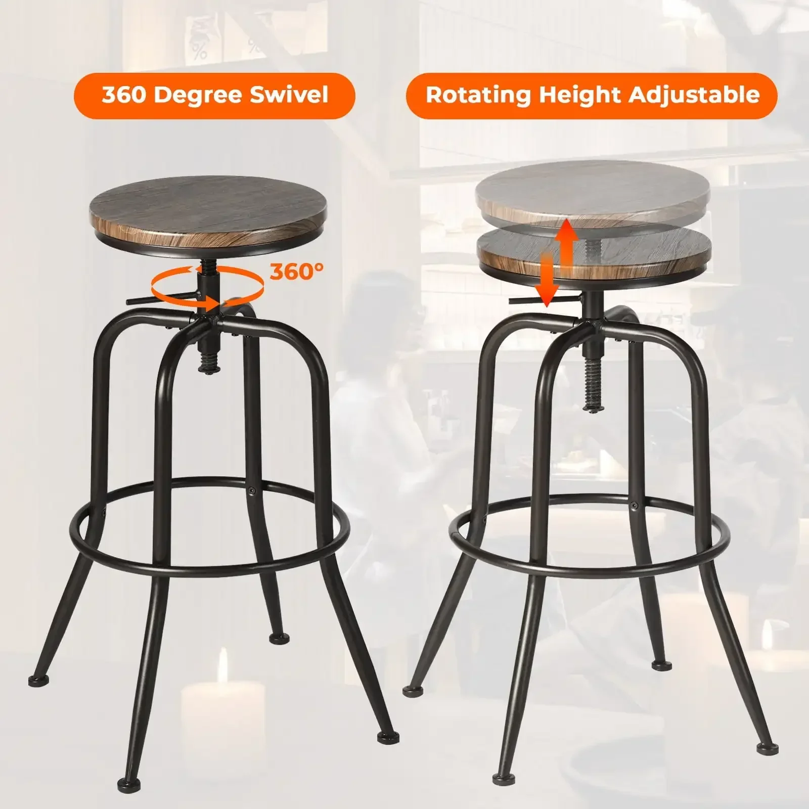 Swivel Bar Stools Set of 2, Adjustable Height Vintage for Home Kitchen Island, Walnut