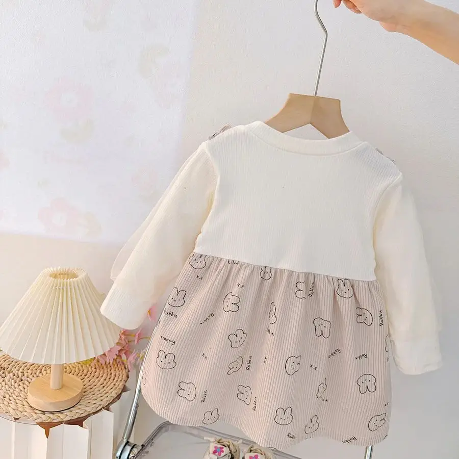 فستان بناتي جديد مطبوع عليه أرنب كرتوني للخريف، ملابس أطفال على الطراز الكوري مناسبة للأطفال من عمر 9 أشهر إلى 3 سنوات