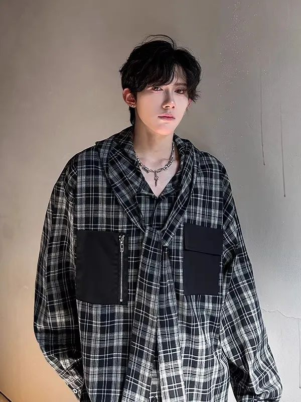 

TANGZ Studio American Plaid Hooded Belt Design Pocket Color Block Men's Casual Shirt Top Fashionable Urban Loose Fit Cotton