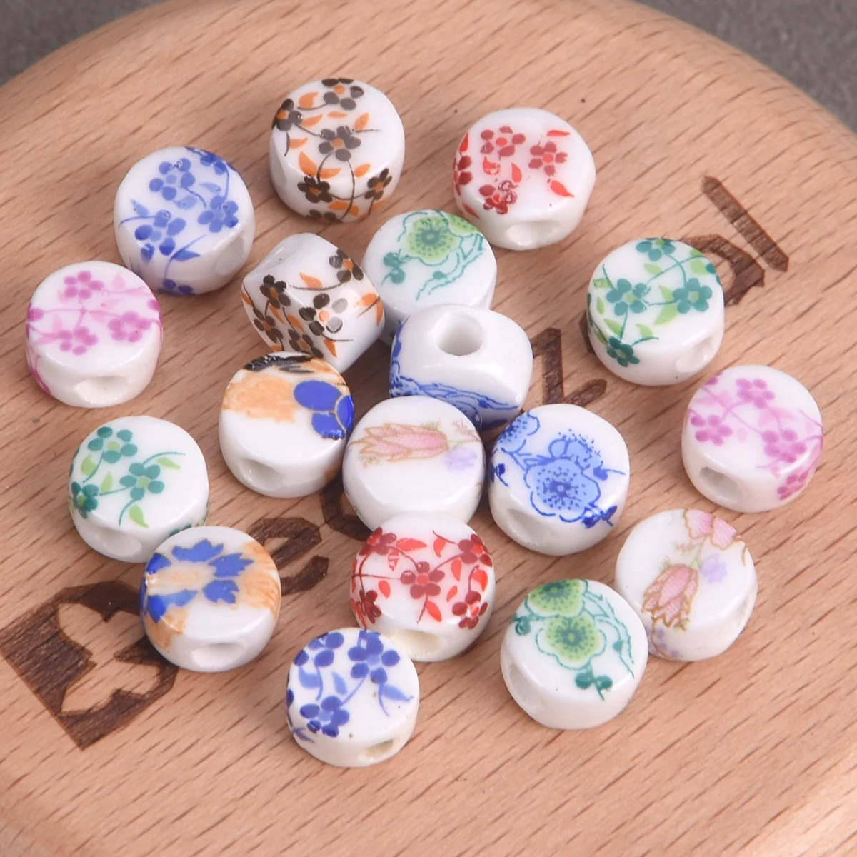 20PCS Flat Round Rondelle Shape 8.5x5mm Flower Painting Loose Ceramic Porcelain Beads For Jewelry Making DIY Crafts Findings