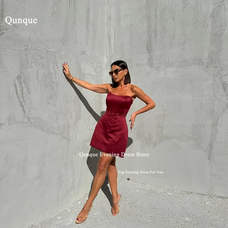 Qunque Burgundy Satin Prom Dress Mini Above Knee Strapless Cocktail Dresses Lace Up Back Formal Gown Women Elegant Customized