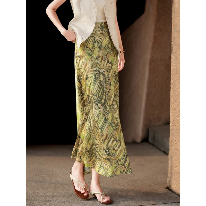 MEXCOCO Vintage Floral Print Chiffon Mermaid Skirt Women High Waist Slim Elegant Summer Long Skirt