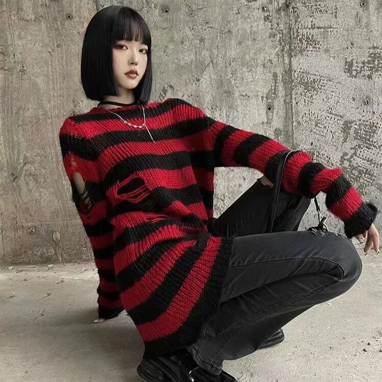 Neue Herbst Punk Gothic Lange Unisex Pullover Frauen Gestreiften Kühlen Aushöhlen Loch Gebrochen Jumper Lose Rock Dünne Dark Streetwear Top – Detail 6