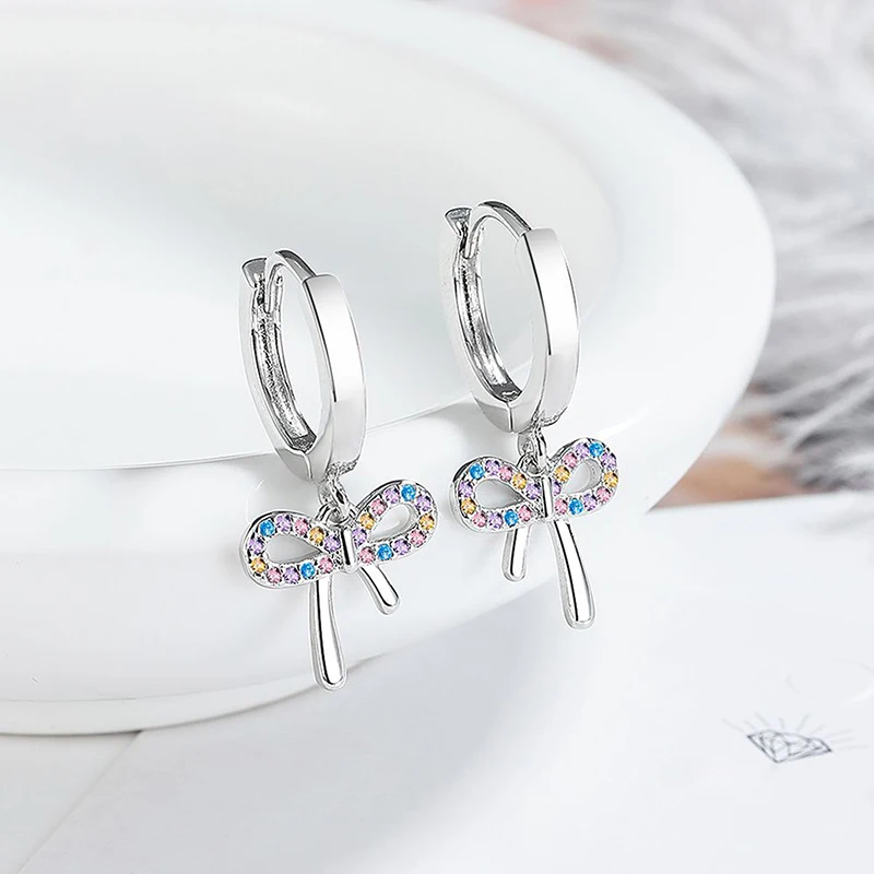 

Women's Fashion Drop Earrings Shiny Multicolor Crystal Zirconia Copper Cute Bowknot Female Exquisite Dangle Ear Jewelry Gifts