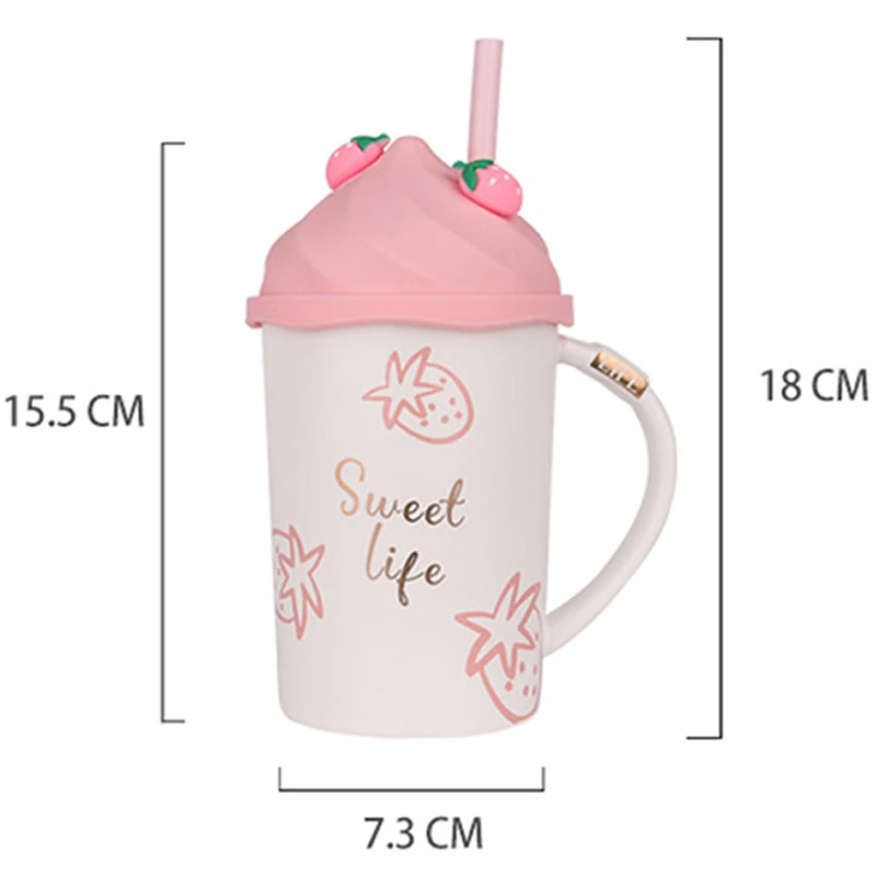 Kawaii Strawberry Ice Cream Mug Coffee Cup Cute Ceramic Tea Mug With Silicone Lid Adults Straw Student Girl Drink Water Cup