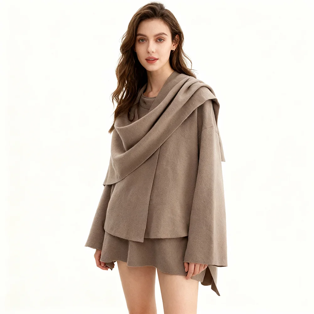 PRINTKAOIR Dámská podzimní zimní bunda Dámský ležérní kabát s pleteným volným oversize kabátem a asymetrickým rozdělením, elegantní šálou - náhled 3