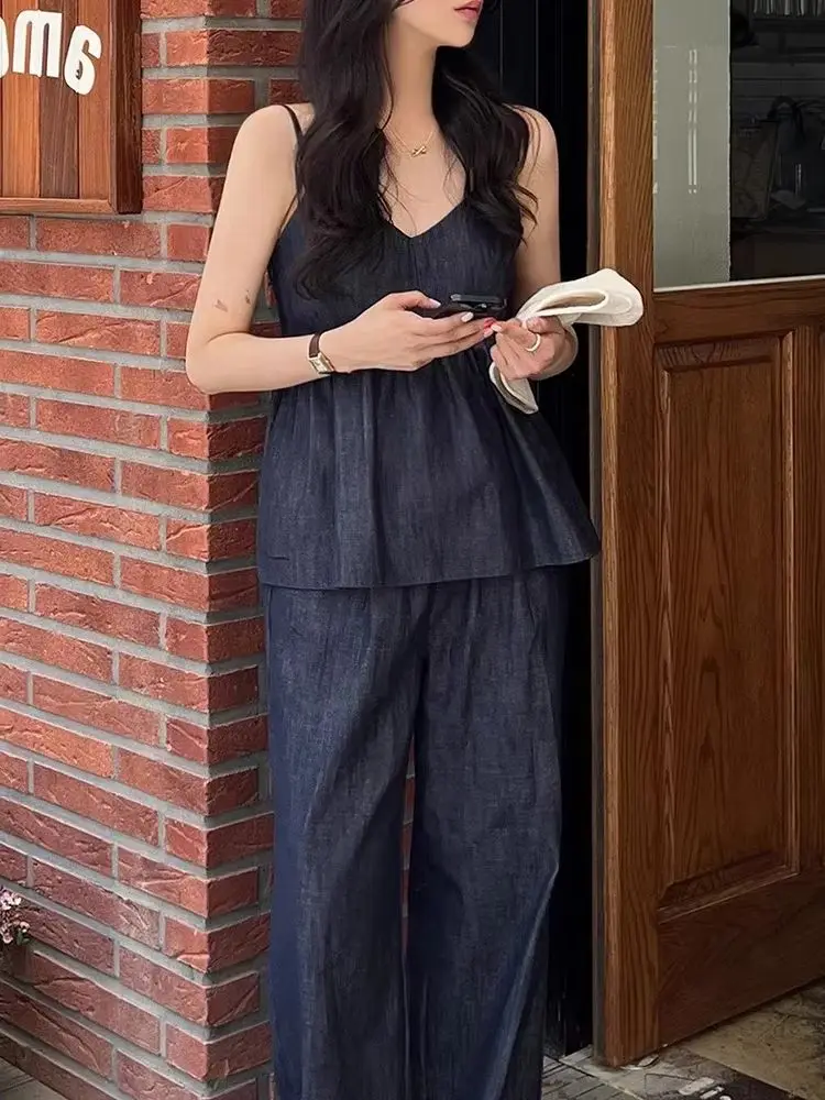 

Корейский женский джинсовый комплект из двух предметов в стиле ретро, темпераментный джинсовый комплект с v-образным вырезом + широкие брюки с высокой талией YK2, повседневные брюки, комплект брюк для женщин