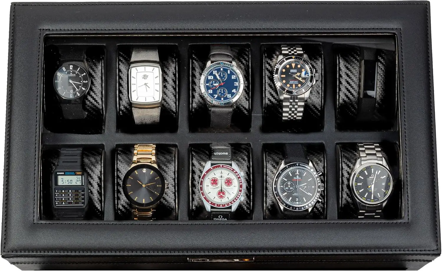 Large Watch Organizer Box, PU Leather with Black Carbon Fiber Design for Men's Watches