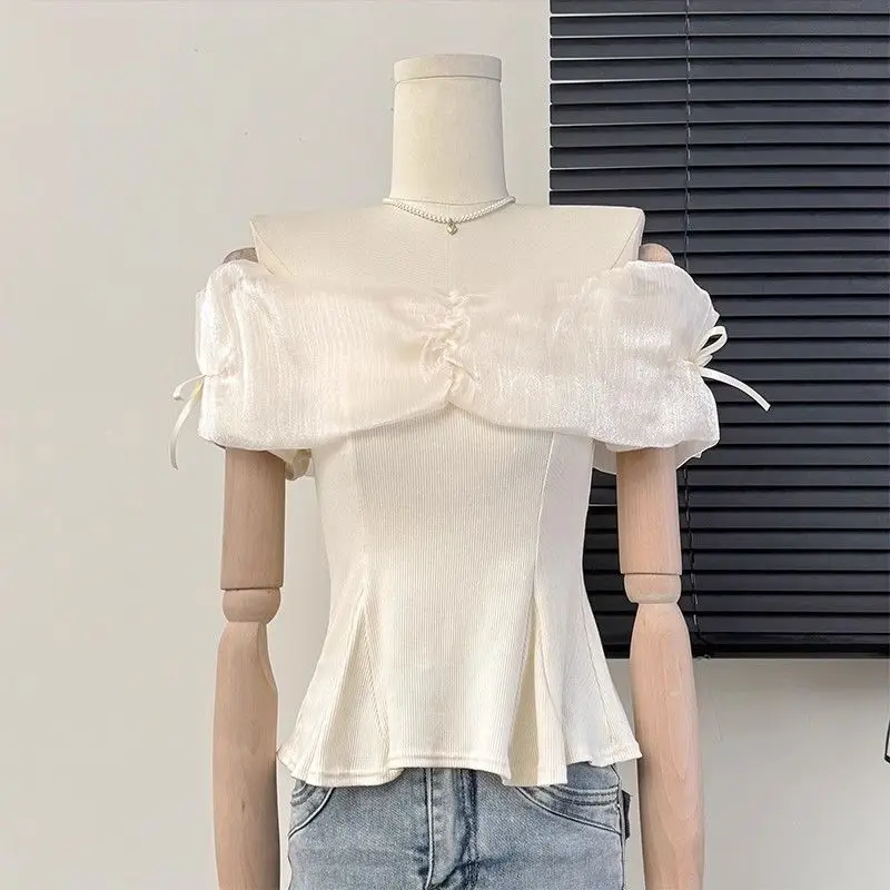 

French Celebrity Style Bow Splicing Shirt for Women in Summer Pure Shoulder Sexy Waist-hugging Skirt Top