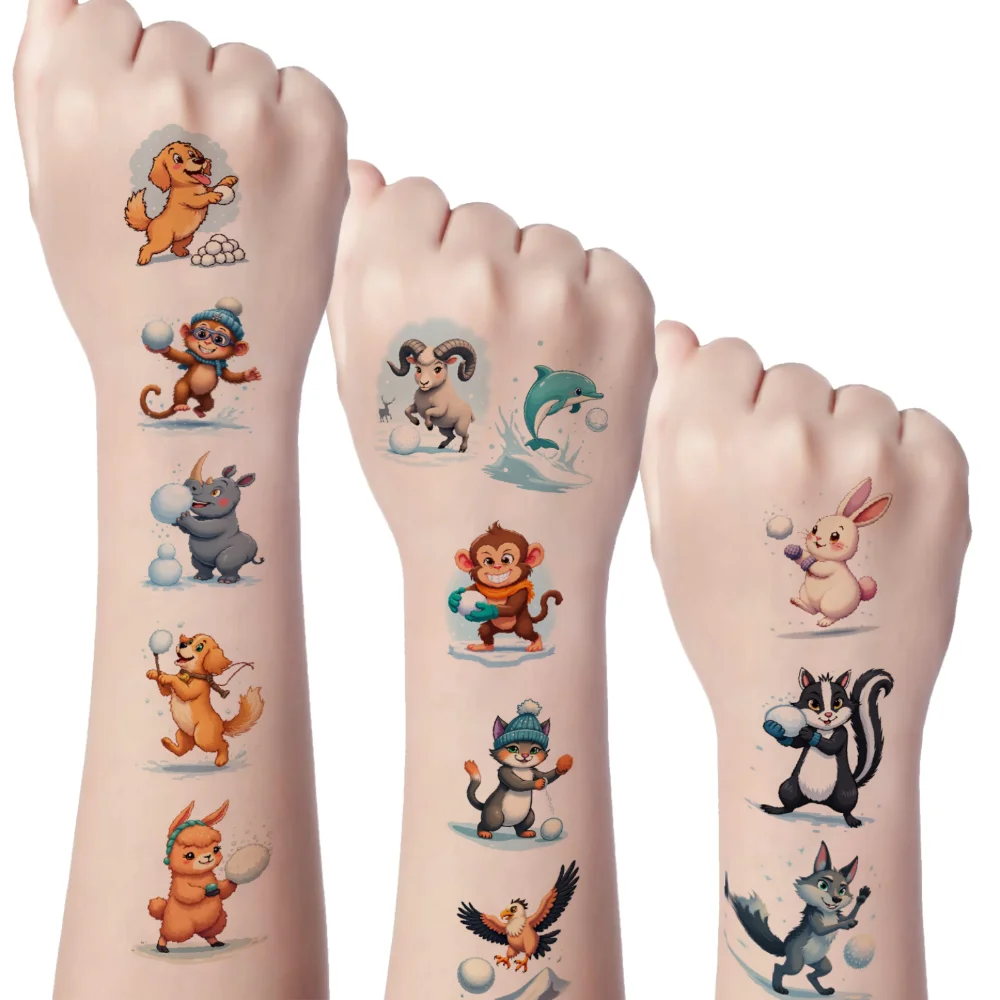 

54 шт., временные татуировки, милые иллюстрации, водонепроницаемые долговечные наклейки на тело, снежки, персонажи мультяшных животных, мультфильмов