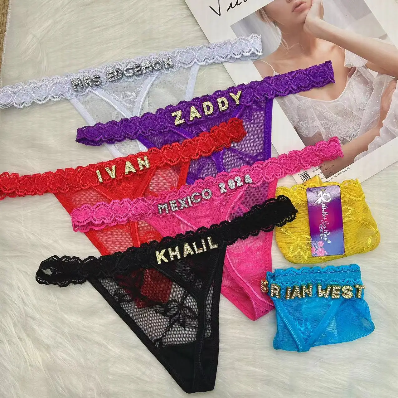 Custom Thongs with Name for Boyfriend Crystal Letter Body Jewelry Women Sexy Lace Bikini G-String Panties Valentine\'s Day Gift