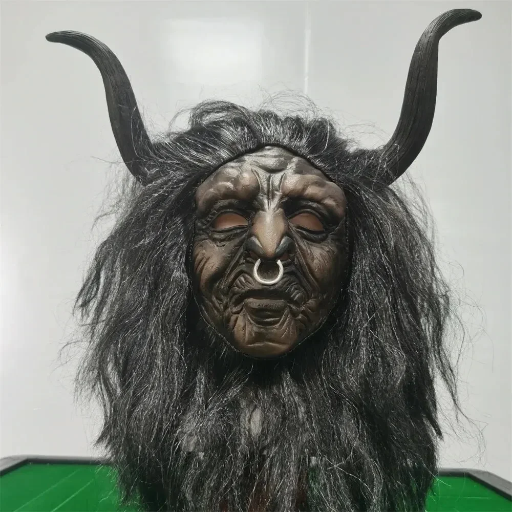 Corne d'horreur taureau démon roi masque de fête avec cheveux masque de Cosplay Halloween accessoires de déguisement effrayant drôle robe de vache noire masques en Latex