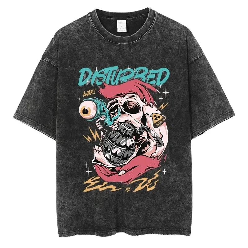 DISTERBED WAR Gothic Skull Grenade Graphic T Shirt Y2k Fashion Hip Hop Men Women Streetwear Cotton Vintage Oversized Black Tees