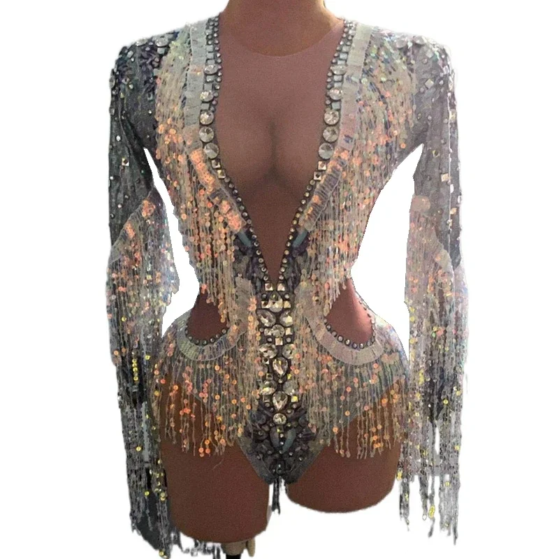 Sparkly strass paillettes frange body Stretch manica lunga danza body discoteca DS cantante Costume Party Show Stage Wear