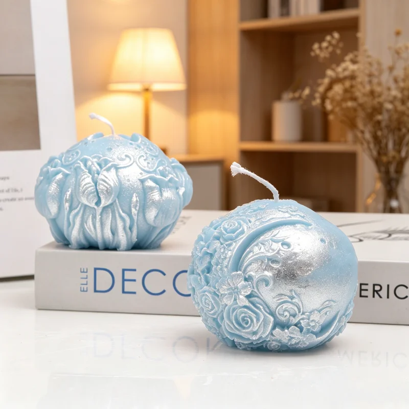 Romantic Flower Moon Ball Candle Silicone Mold 3D Tulip & Rose Embossed Sphere Resin Crafting Mold Making Soap Candle Supplies