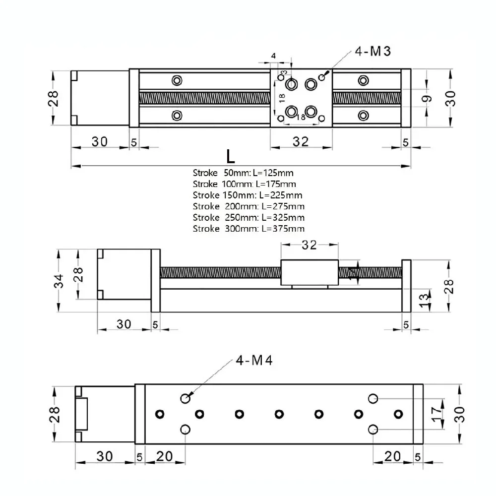 Cnc Gantry T-type Sliding Table Rail Linear 50-300mm Stroke Sliding Table NEMA11 Stepper Motor Kit Linear Guide XYZ Axis