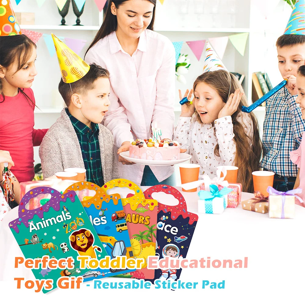 Paquet de 4 livres d'autocollants réutilisables, jouets 3D, animaux clairs, véhicules spatiaux, dinosaure, livre d'autocollants, jouet d'apprentissage éducatif, cadeaux d'anniversaire