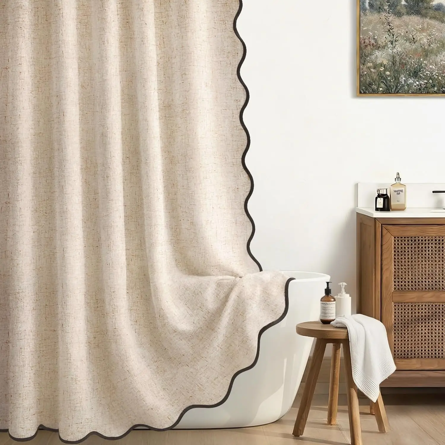 

Beige Linen Shower Curtain, Black Scalloped Boho Design, 72x72 Inches