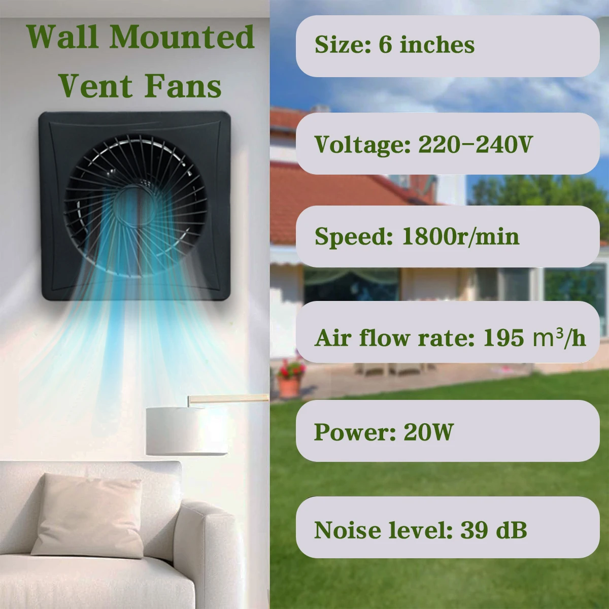 6-inch ventilation fan, black anti backflow design exhaust fan, suitable for kitchen, sunroom, pet house, RV, bathroom