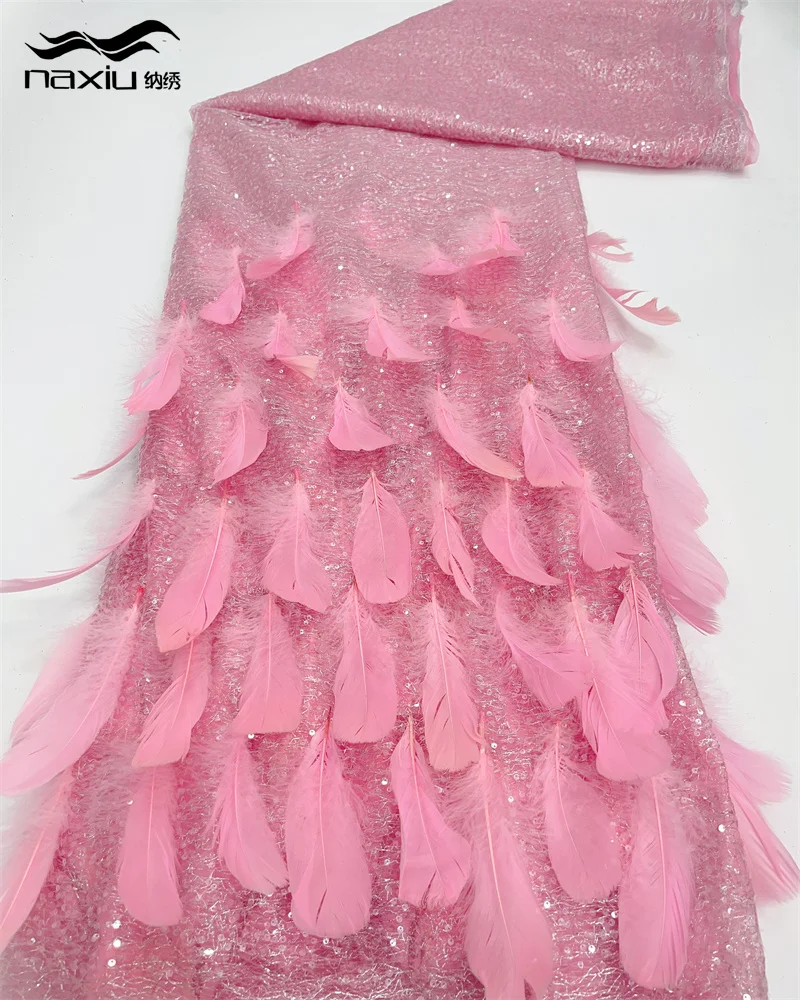 

Madison 2025 Fashion Elegant French 3D Feather Embroidery Mesh Bead Lace Fabric African Nigerian Sequin Fabric For Wedding Dress