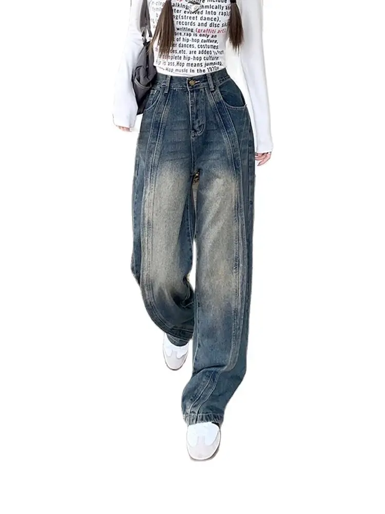 American Street Heavy Industry Multi Pocket Jeans Women 2023 New Retro Washed Loose Dancing Wide-leg Blue Mopping Overalls Tide