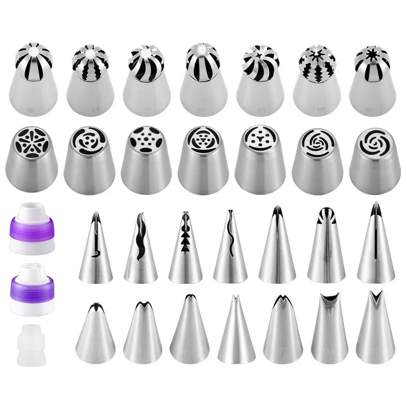 31pcs Stainless Steel  Tulip Icing Piping Nozzles Pastry Cream Tips Russian Pastry Nozzles Confectionery Tool Baking Pastry Bag