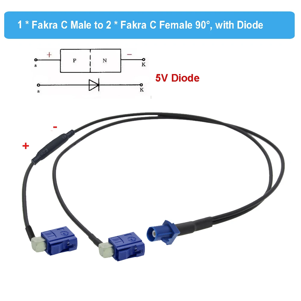 

BEVOTOP Fakra C Male to Dual Fakra C Female Right Angle Y Type Splitter Cable With Diode RG174 Car GPS Antenna Extension Cable