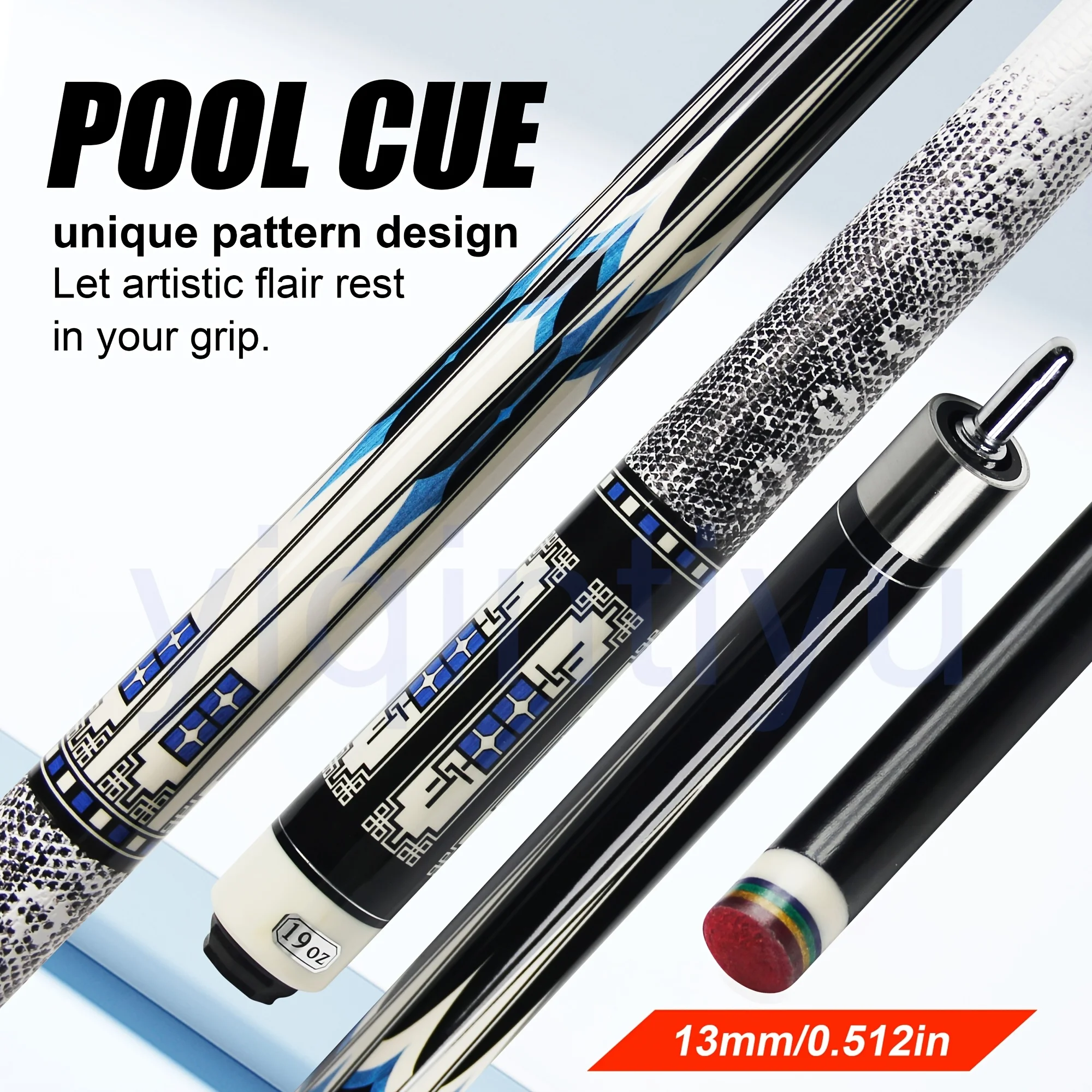 

2026 Glass Fiber White Block Pattern Pool Cue - 13mm Tip Joint 1/2 Split Billiard Stick