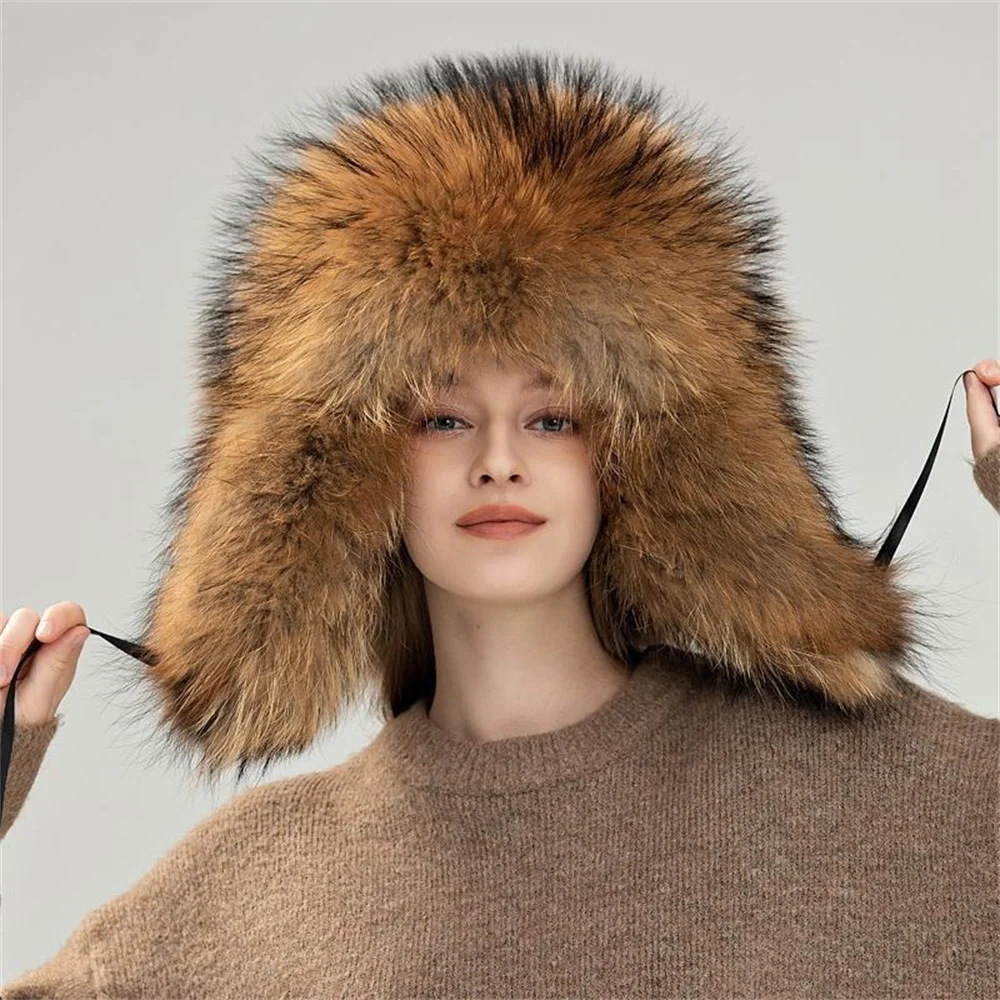 

Women's Casual Raccoon & Fox Fur Hat with Earflaps - All-Fur Design Thickened Warm Windproof Adjustable For Everyday Winter Styl