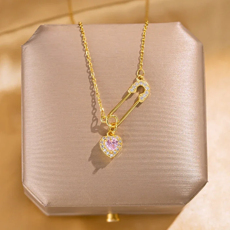 1 Pcs niche design pin love copper pendant with stainless steel chain combination of light luxury style jewelry items