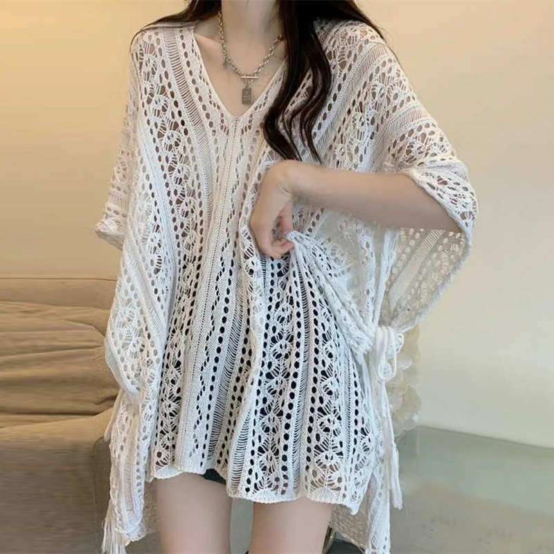 

Summer Sun Protection Casual Loose V-neck Sexy Hollowed Out Knit Pullover