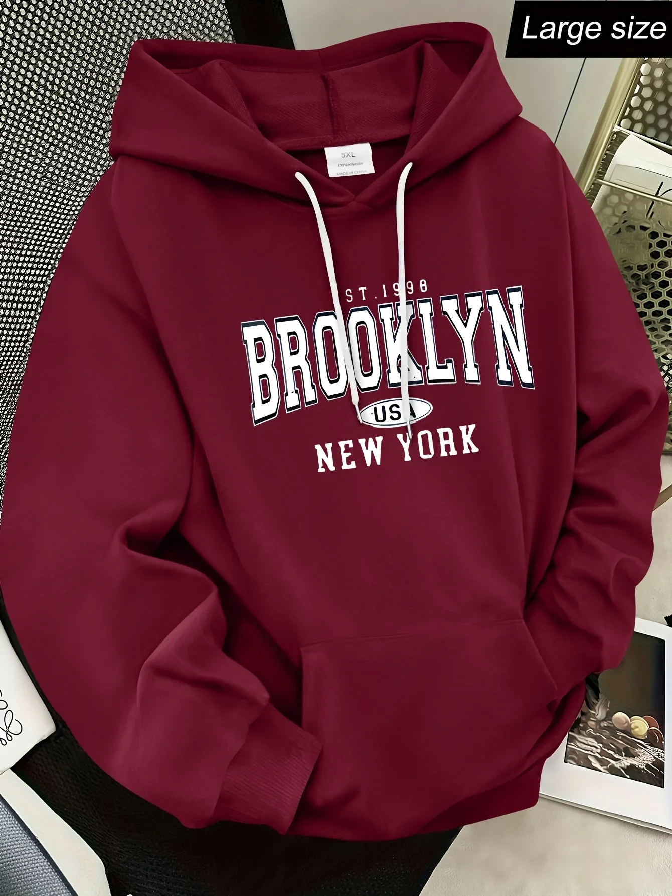 Men's Hooded Fleece Sweatshirt Autumn Streetwear Essential Large Size Brooklyn Hoodie Suitable for Daily Wear Casual Style