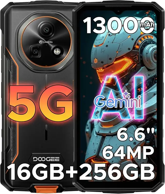 DOOGEE Fire 7 5G robustes Telefon, 13000 mAh/18 W, Android 15 robustes Smartphone, 16 GB + 256 GB/TF 2 TB, 6,6 Zoll HD+ 90 Hz