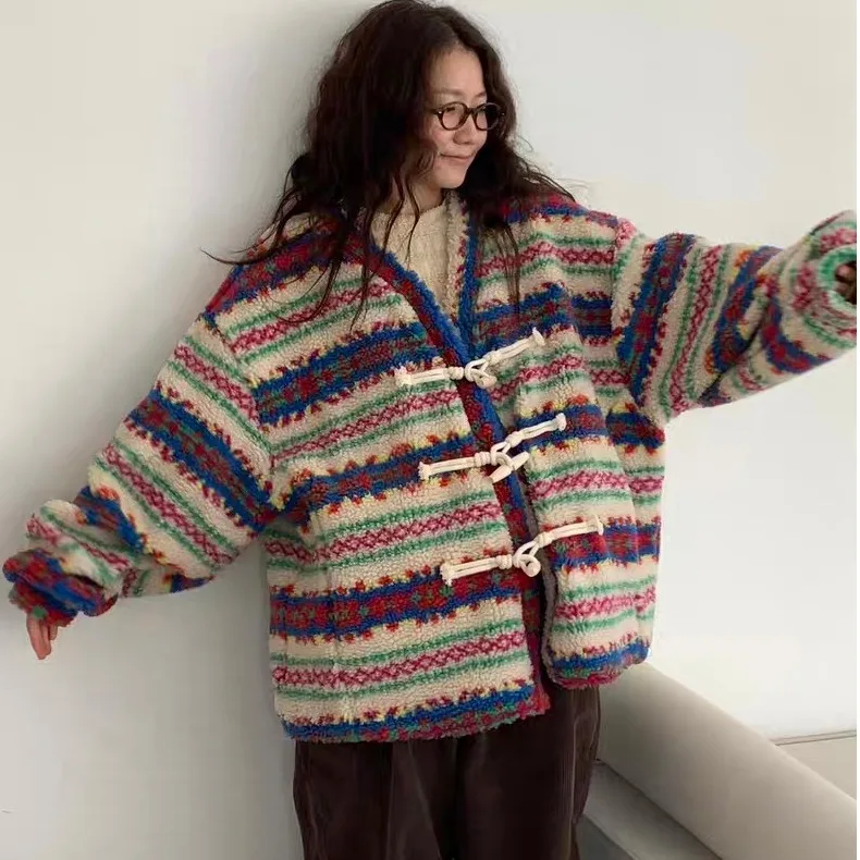 

Ladies' Chic Korean Sle Loose Fit Lamb Fur Jaet Autumn Winter Vintage Lazy Color Blo Button up ort Coat