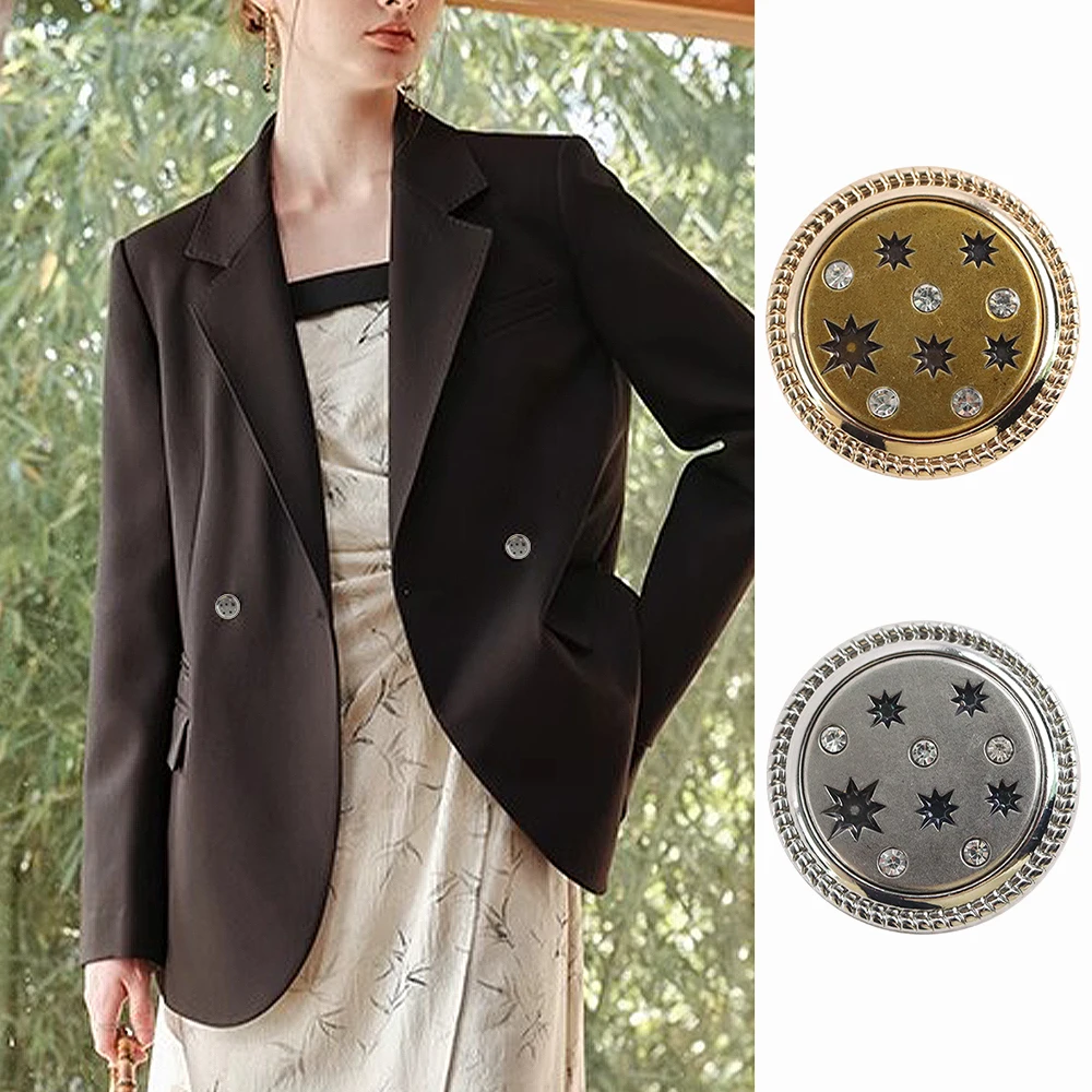 

10pcs Vintage Star Design Round Metal Buttons with Rhinestones for Suits/Coats, 18/25mm, Gold/Silver, Decorative Sewing Buttons