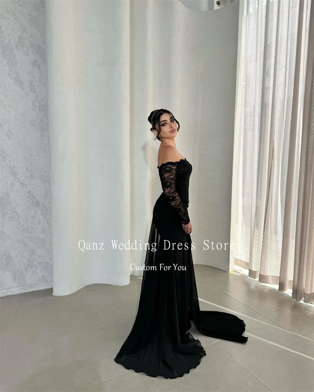 Qanz Customized Black Formal Evening Dresses Women Plus Size Full Sleeves Lace High Slit Prom Dress Mermaid Party Long Dress