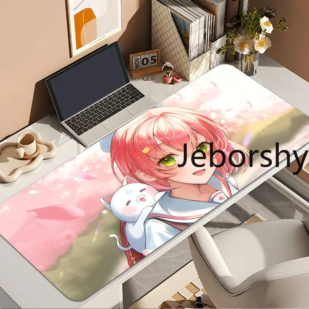 Kawaii Pink-Haired Anime Girl Gaming Mouse Pad, White Cat & Sakura Desk Mat, Ideal Gift for Gamers
