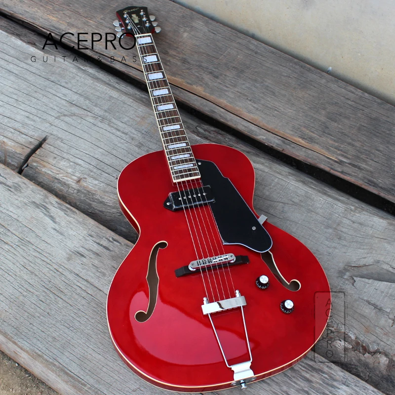 Grote Full Hollow Maple Body Electric Guitars F Holes Transparent Red Color, P90 Pickup Free Shipping Archtop Guitarra