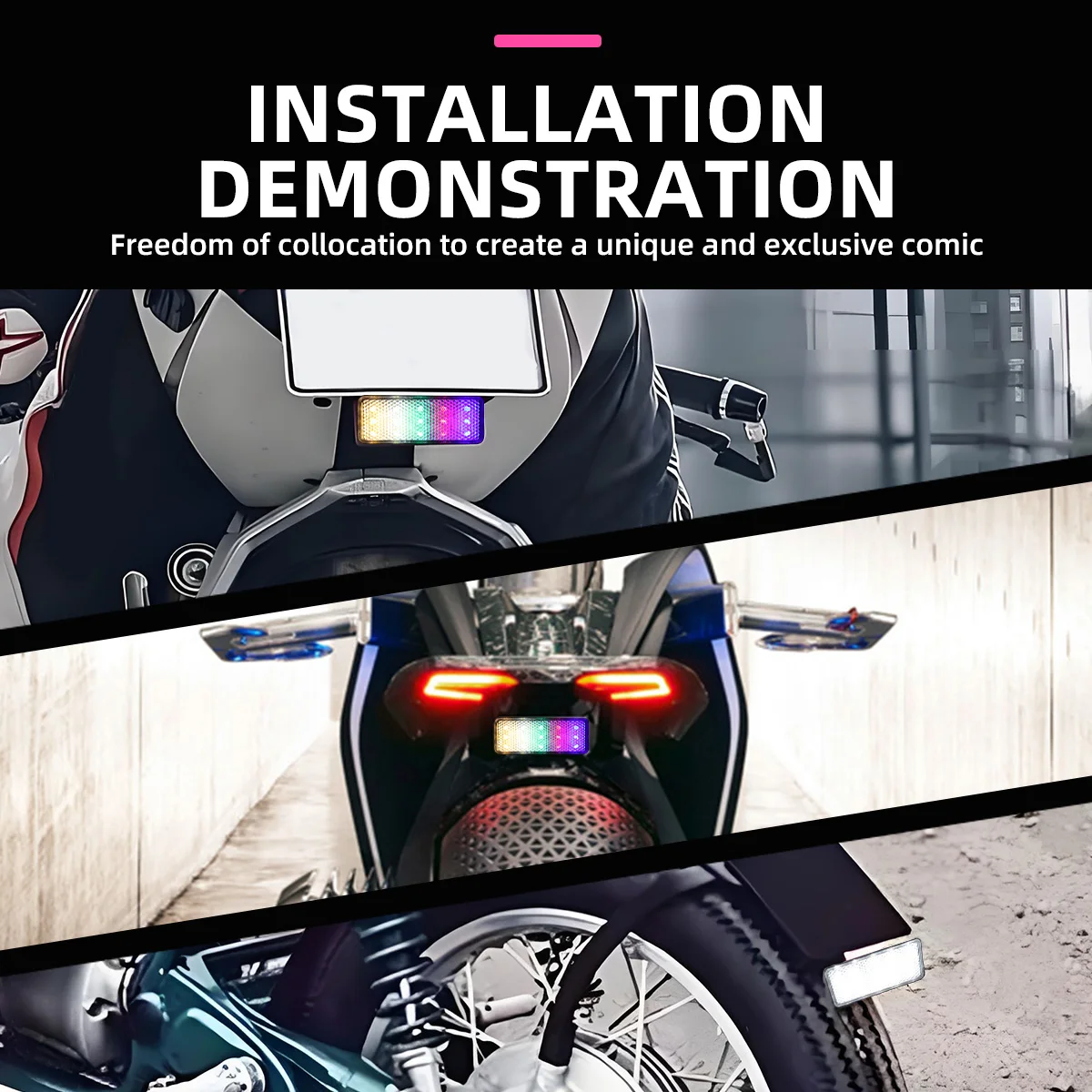 1Pair 12V Motorcycle Rectangle LED Tail Brake Decorative Light RGB Red Flash Reflector Stop Lamp Turn Signal Light Universal