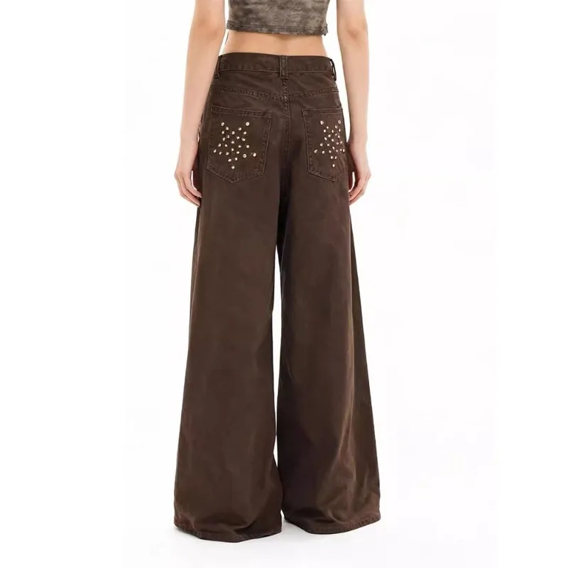 American Street Hot Girl High Waist Wide Leg Jeans Women Star Rivet Pocket Design Jeans Y2k Aesthetic Streetwear Daily Trendy