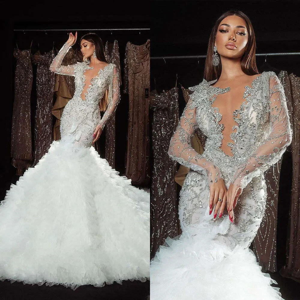 Luxury Mermaid 3D Crystal Bead Decoration Women's Wedding Dress Sexy Deep V-Neck Ball Bride Dress Robe De Mariage Customized