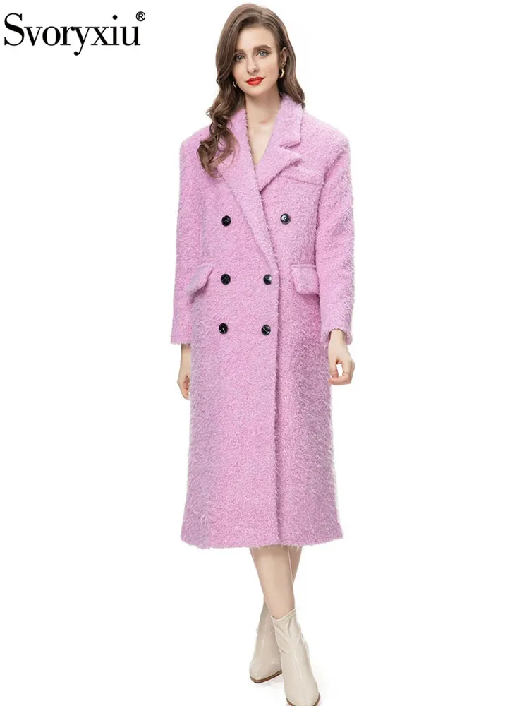 Svoryxiu Autumn Fashion Designer Pink Straight Barrel Long Style Overcoat Women's Turn-down Collar Fake Pocket Long Sleeve Coat