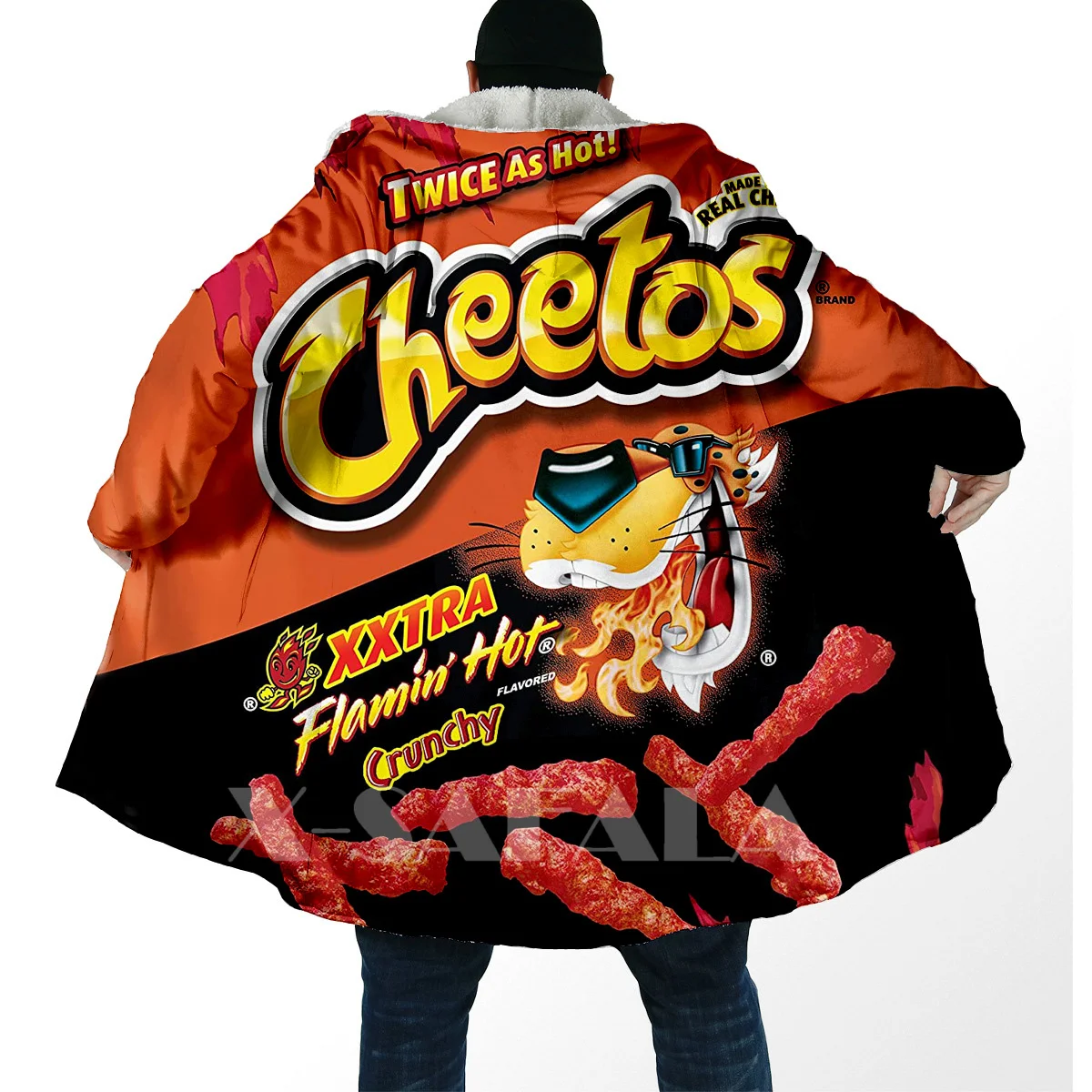 Funny Food Snack Cheetos All Over 3D Printed Thick Warm Overcoat Coat Hooded Cloak for Men Windproof Fleece Unisex Casual-3